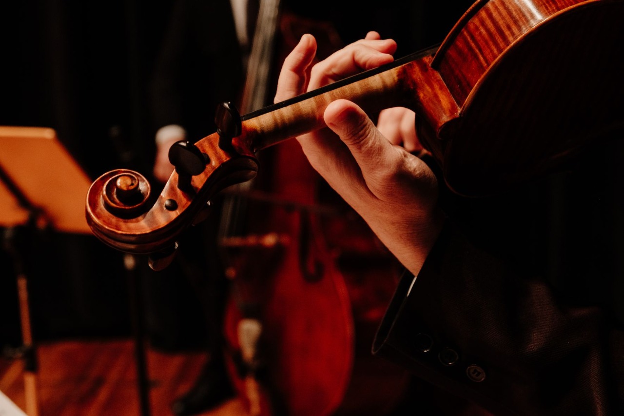 Mãos de um violinista durante uma apresentação